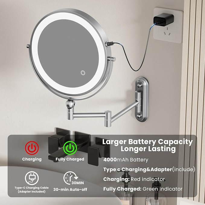 9" Wall Mounted LED Lighted Makeup Vanity Mirror - 4000mAh Rechargeable Double - Image 3