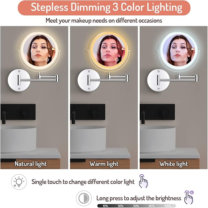 Rocollos Rechargeable Wall Mounted Lighted Makeup Mirror, 8 Inch Double-Sided - Image 3