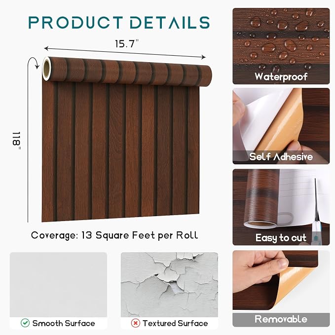 VEELIKE Walnut Wooden Slat Wallpaper Peel and Stick Waterproof Dark Wood - Image 8
