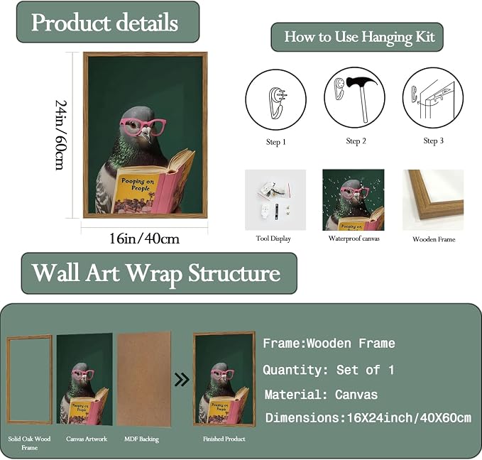 Framed Funny Pigeon Wall Art, Humorous Bird Reading Wall Decor Paintings - Image 5
