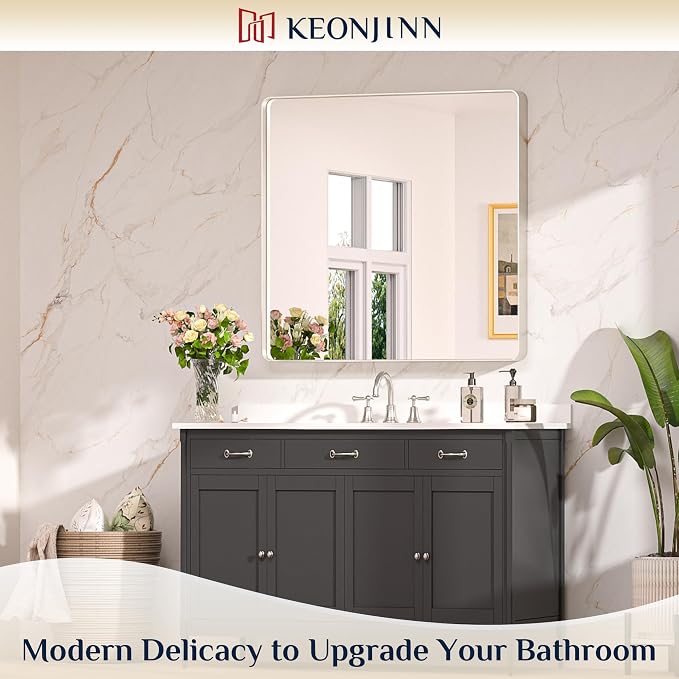 Keonjinn Brushed Nickel Wall Mirror, 36 x 36 Inch Large Square Silver Bathroom - Image 2
