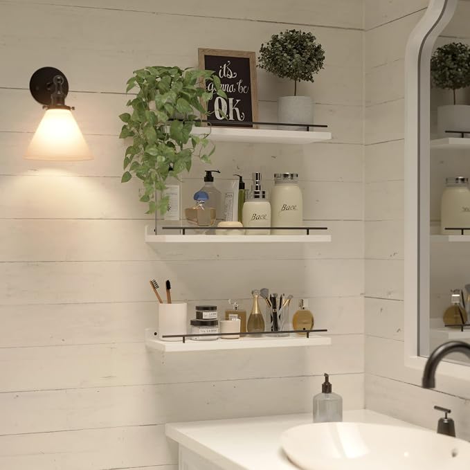 WOPITUES Floating Shelves with Black Metal Guardrail, Shelves - Image 5