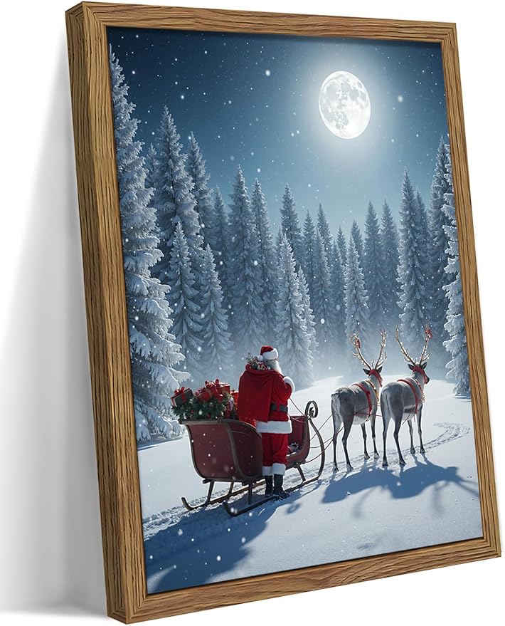 Framed Christmas Wall Decor, Santa Claus Delivering Christmas Gifts Canvas by ZNHARTWallArt