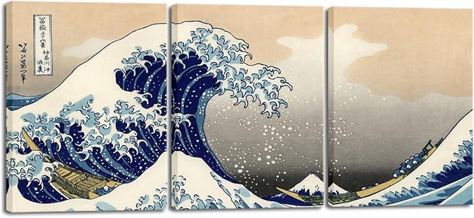 Wieco Art Great Wave of Kanagawa Katsushika Hokusai 3 Piece Modern Canvas by WiecoArt