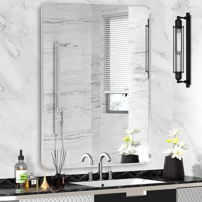 Silver Framed Bathroom Mirror, Brushed Nickel Large Rounded Corner Rectangle by Minuover