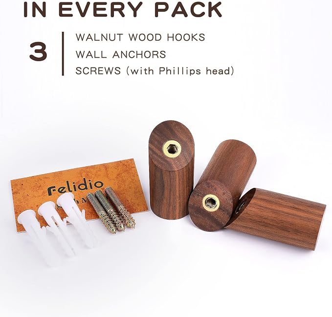 Felidio Wood Wall Hooks, 3 Pack Rustic Coat Hook Wall-Mounted, Decorative Hooks - Image 5