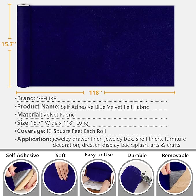 VEELIKE Royal Blue Velvet Fabric Wallpaper Peel and Stick Blue Felt Liner - Image 6