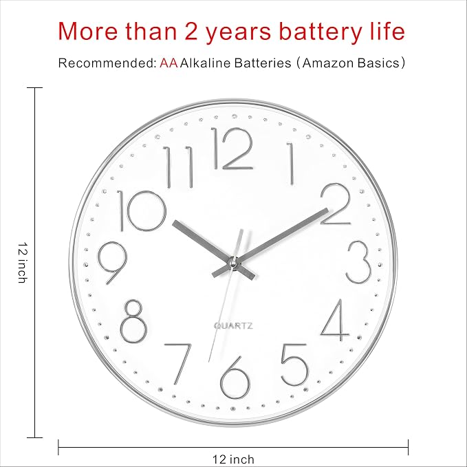 Foxtop Silver Wall Clock Silent Non-Ticking Battery Operated Round Modern Wall - Image 2