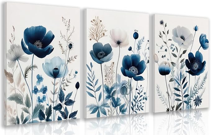 LLEEMPI Framed Navy Blue Floral Wall Art Set of 3, Modern Wildflower Wall Decor by Unknown
