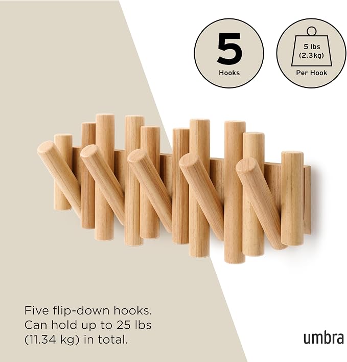Umbra Picket Coat Rack Wall Mount – 5 Flip-Down Wood Coat Hooks, Modern & - Image 5