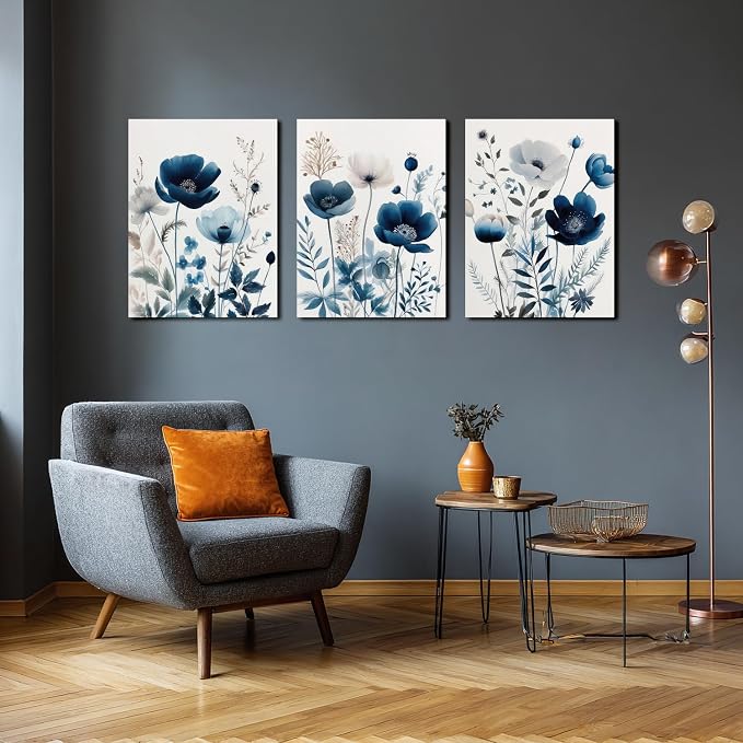 LLEEMPI Framed Navy Blue Floral Wall Art Set of 3, Modern Wildflower Wall Decor - Image 2