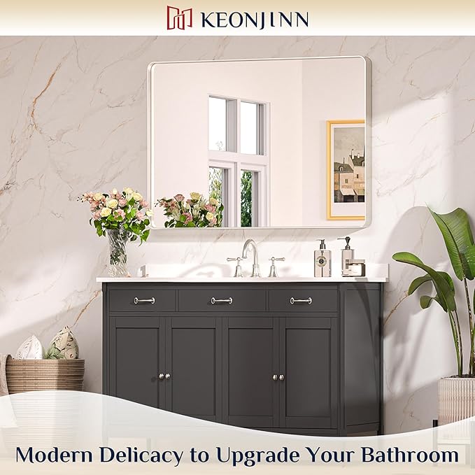 Keonjinn Brushed Nickel Mirror 40 x 30 Inch Large Silver Bathroom Mirror - Image 2