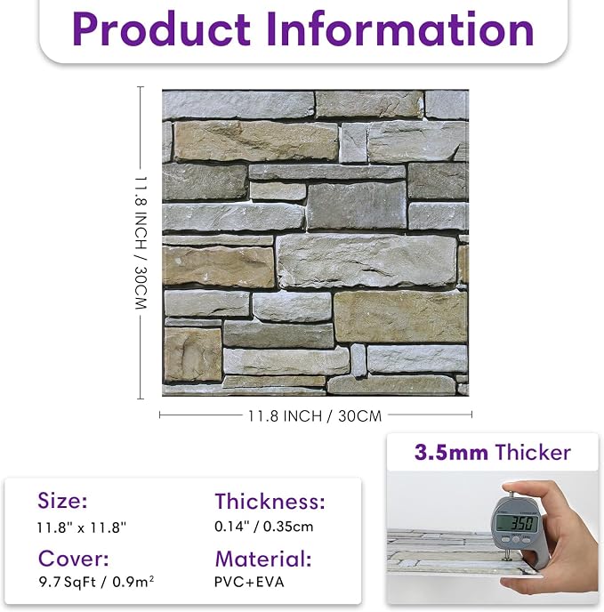 3D Peel and Stick Faux Stone Wall Panels 11.8" x 11.8" 10-Pack, Stone-Look Wall - Image 3