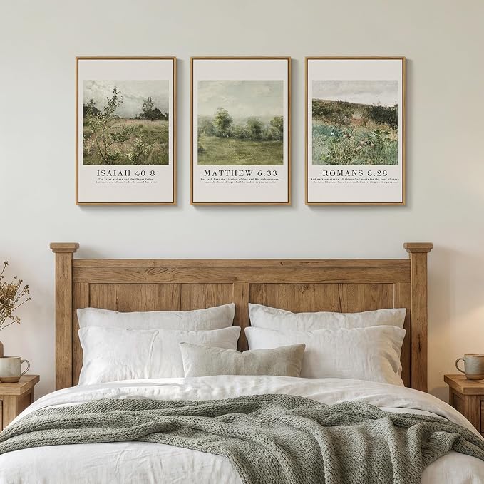 Framed Vintage Christian Wall Art Set of 3, Rustic Wildflower Landscape Bible - Image 4