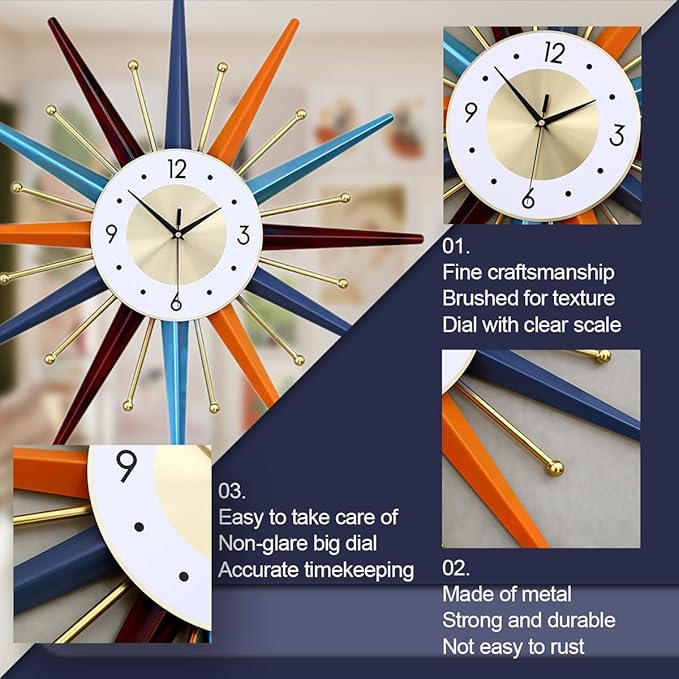 FIELDY Large Wall Clock 22 Inch Mid Century Wall Clocks Starburst Clock Non - Image 5