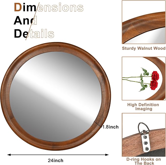 CULER Round Wall Mirrors 24 Inch, Wood Rustic Decorative Transitional Mirror - Image 7