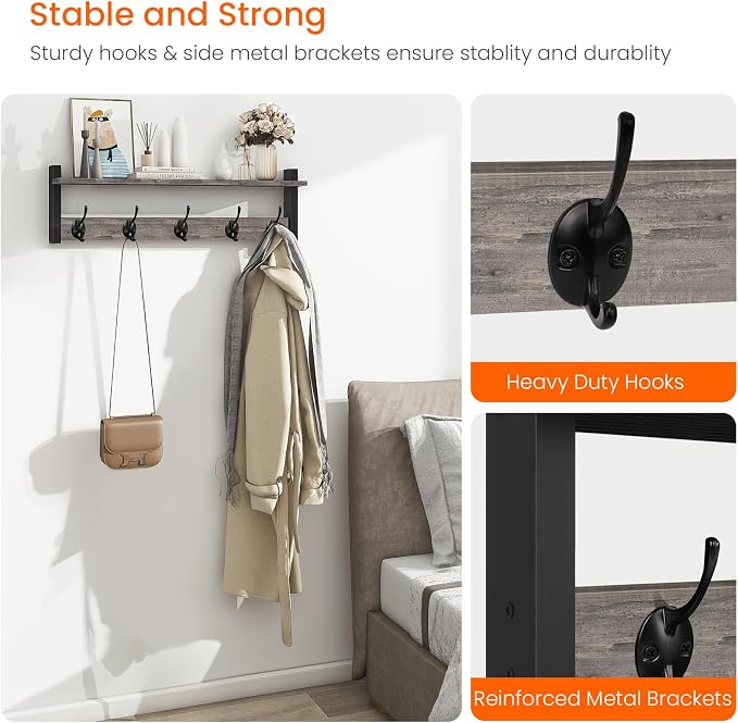 Homode Wall Hooks With Shelf, 24 Inch Coat Rack Wall Mount - Image 4