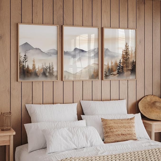 Neutral Mountain Wall Art Decor Set of 3 Forest Canvas Wall Art Poster - Image 3