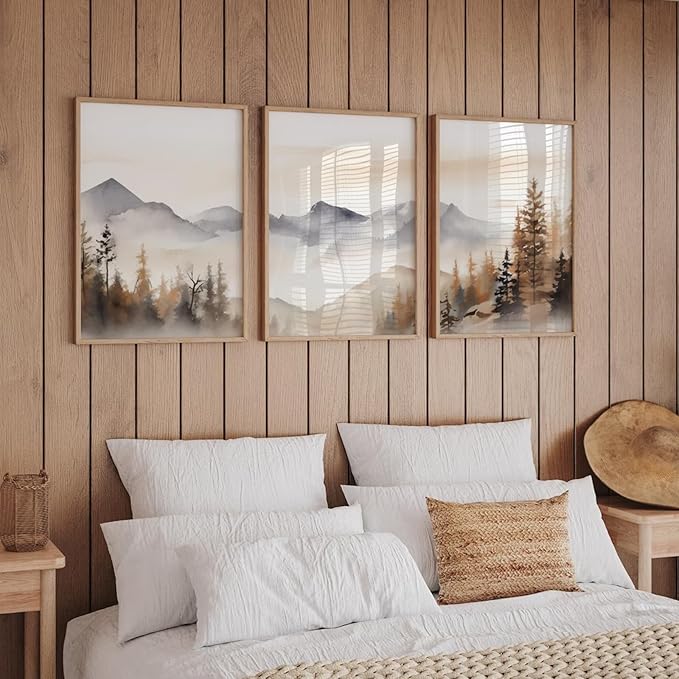 Neutral Mountain Wall Art Decor Set of 3 Forest Canvas Wall Art Poster - Image 3