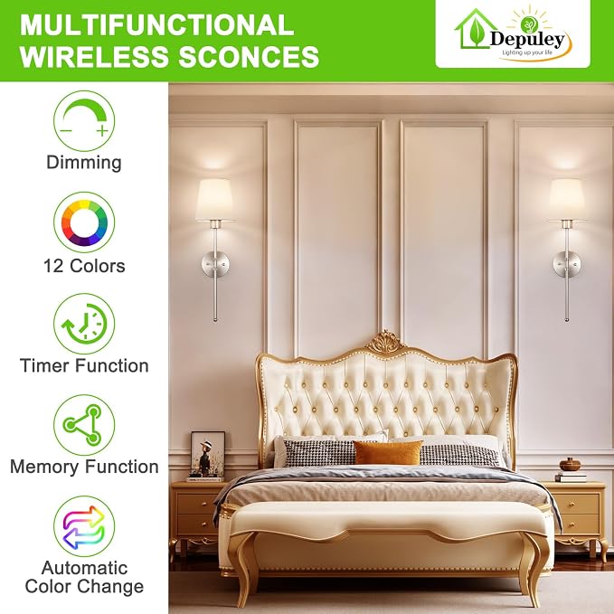 Depuley Battery Operated Wall Sconce: Set of 2 Wireless Wall Lights - Image 2