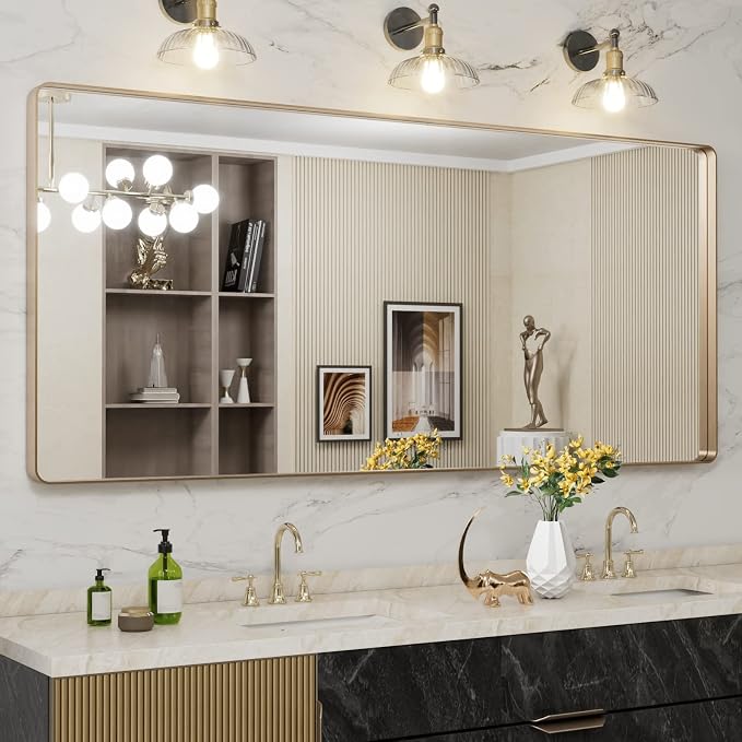 LOAAO 72”X32” Gold Bathroom Mirror, Rounded Rectangle Gold Frame Mirror by LOAAO