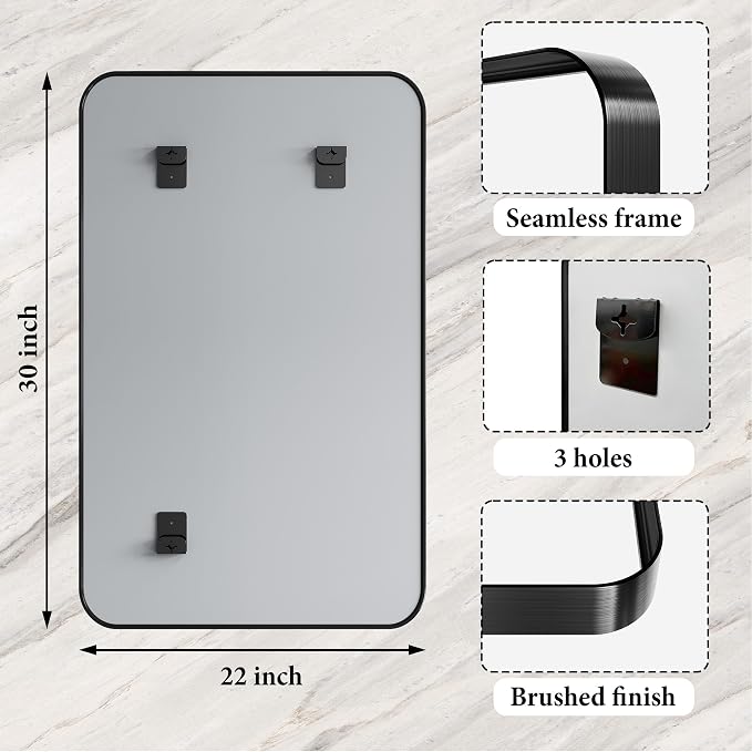 Bathroom Mirror for Wall, 30x22 Inch Rectangle Mirror, Matte Black Metal Framed - Image 4