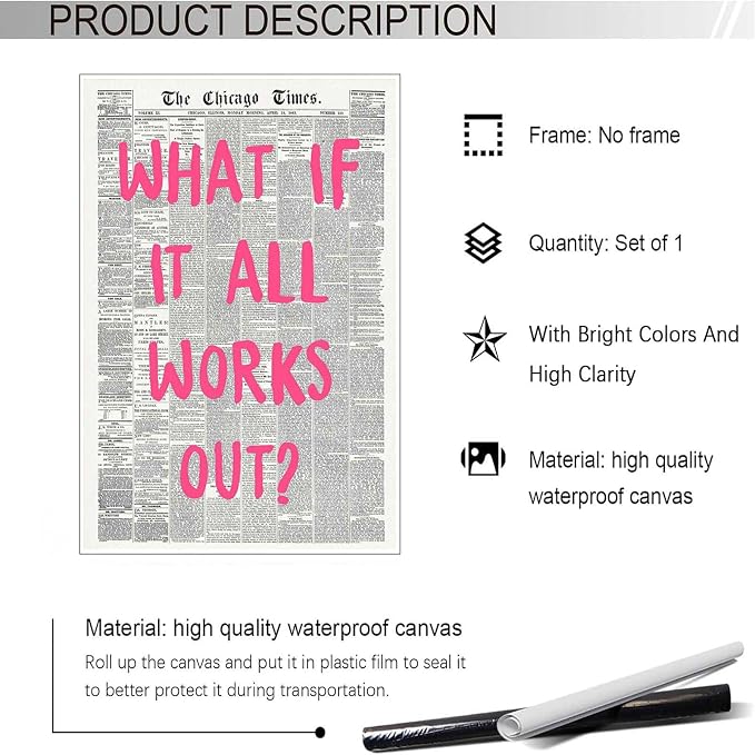 Drimiler What If It All Works Out Poster Retro Newspaper Pink Font Canvas Wall - Image 2
