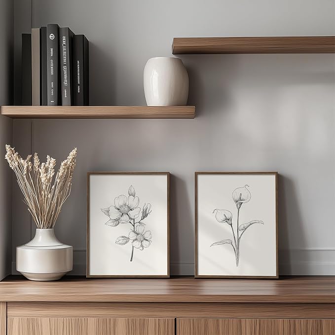 Vintage Floral Wall Art with Walnut Framed, 4 Piece Farmhouse Black and White - Image 4