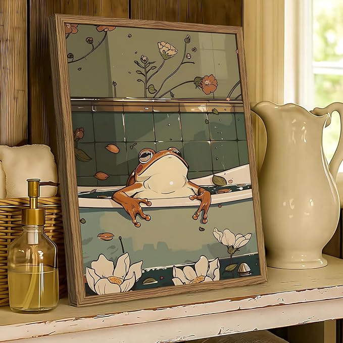 Funny Japanese Frog Bathroom Wall Art Whimsical Frog in Bathtub Wall Decor - Image 2