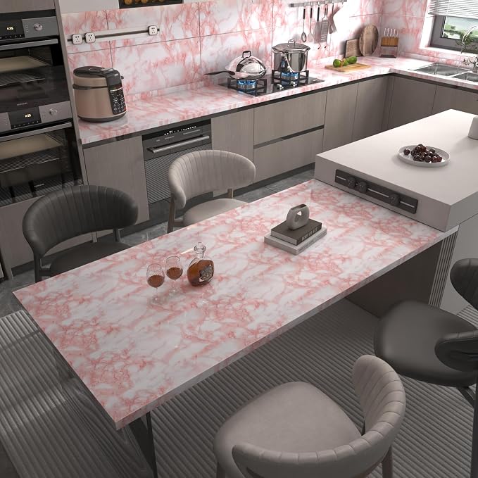 BAYYA Extra Wide Marble Contact Paper Granite Peel and Stick Wallpaper Pink - Image 3