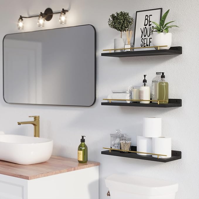 WOPITUES Floating Shelves with Gold Metal Guardrail, Shelves - Image 2