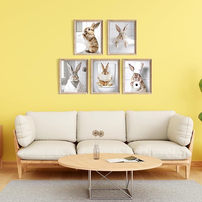 Vodefoad Funny Bunny Bathroom Wall Art 5pcs Bundle Easter Rabbit Posters Animal - Image 6