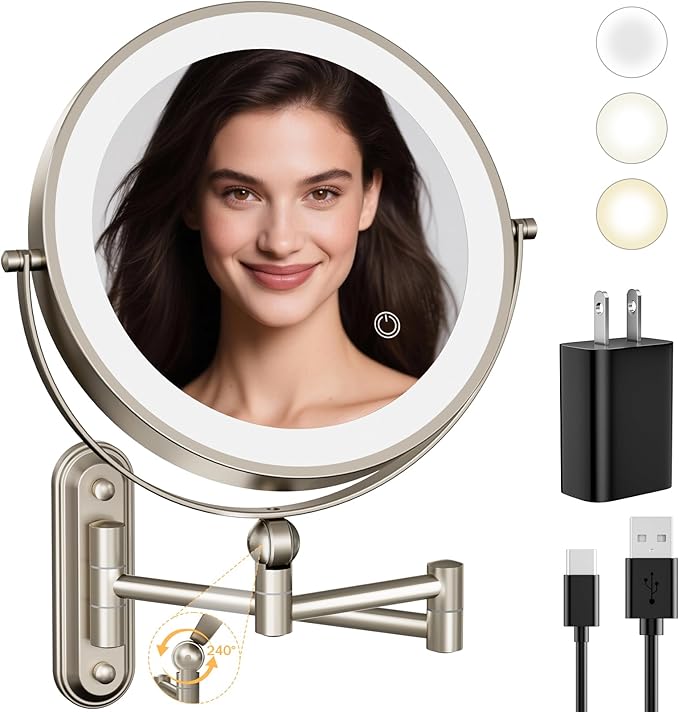 9" Wall Mounted LED Lighted Makeup Vanity Mirror - 4000mAh Rechargeable Double by Rocollos