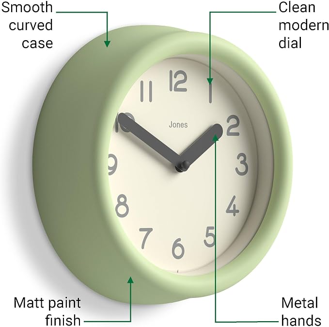 JONES CLOCKS® Fuze wall Clock | Small Round Clock | Matcha Green | Playful - Image 5