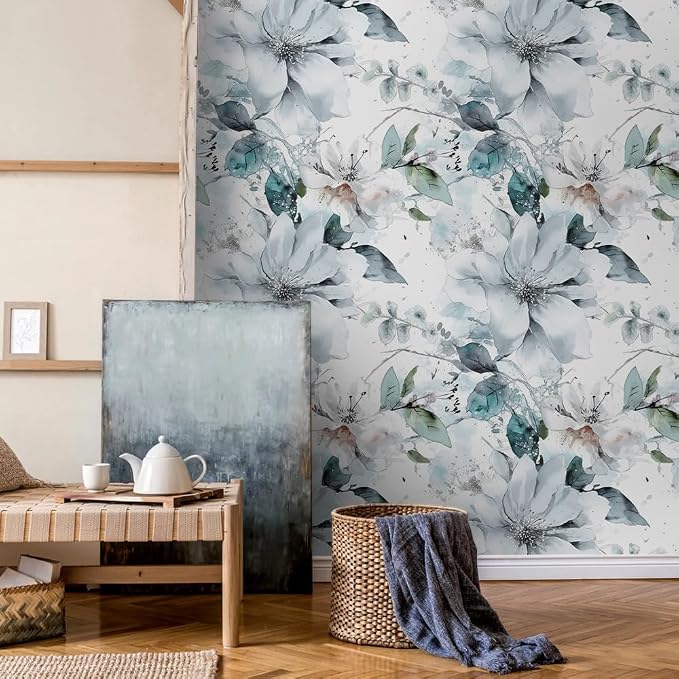 Ice Blue White Large Hyacinth Floral Green Leaf Peel and Stick Wallpaper Wall - Image 2
