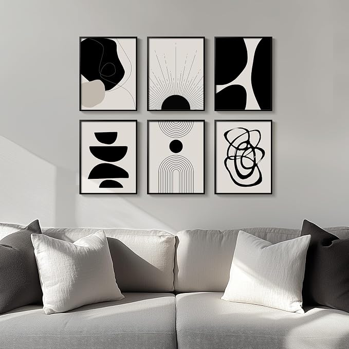 Framed Boho Black and White Abstract Wall Art, Minimalist Geometric Pictures - Image 2