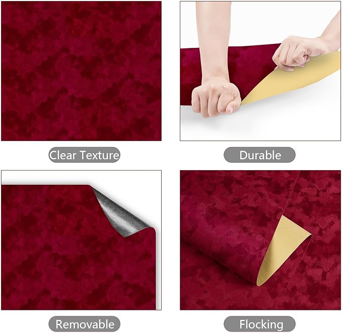 Yenhome 17.7"X118" Dark Red Velvet Wallpaper Vintage Velvet Peel and Stick - Image 6