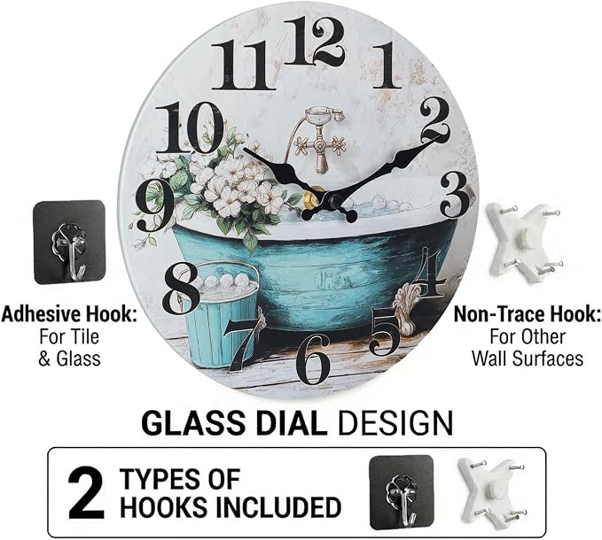 Silent Wall Clocks for Bathroom, Rustic Style Waterproof Glass Wall Clock for - Image 3
