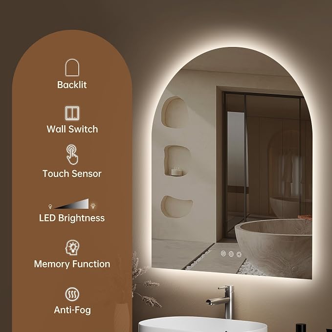 Arched Backlit Mirror Bathroom 30"x36"- Frameless LED Bathroom Mirror - Image 9