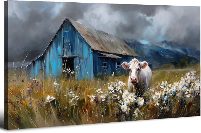 Farmhouse Barn Wall Art Cow Pictures Wall Decor Rustic Blue Barn Landscape by HOME