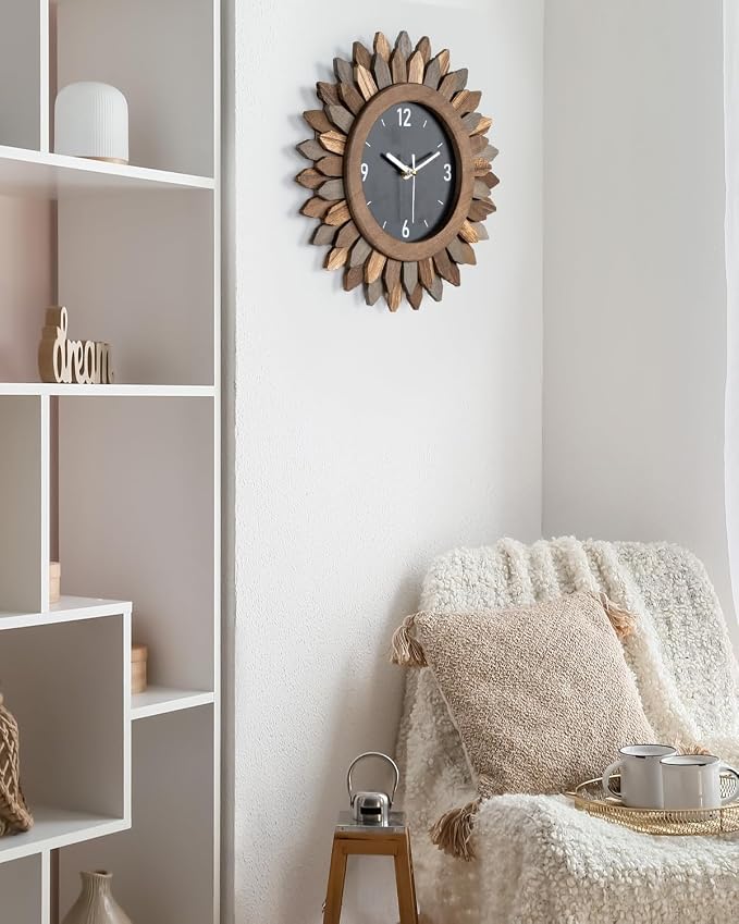 Honiway Wall Clock Battery Operated 12 in Rustic Wood Boho Sunburst Decorative - Image 8