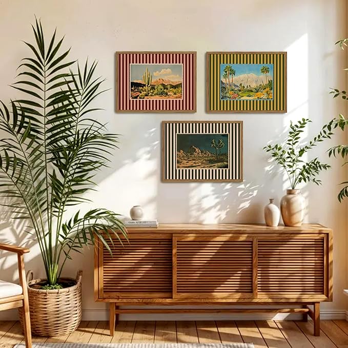 Framed Vintage Western Nature Landscape Wall Art Set of 3, Striped Postcards - Image 3