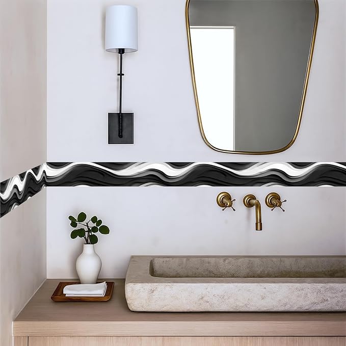 Black and White Wave Wallpaper Border 196x4 Inch Peel and Stick Wall Border - Image 3