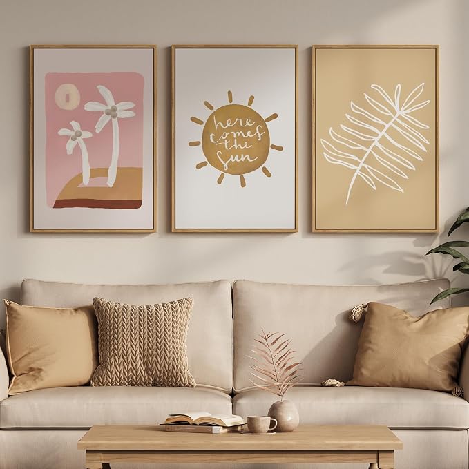Framed Neutral Boho Abstract Wall Art Bedroom, 3 Piece Minimalist Tropical Sun - Image 4