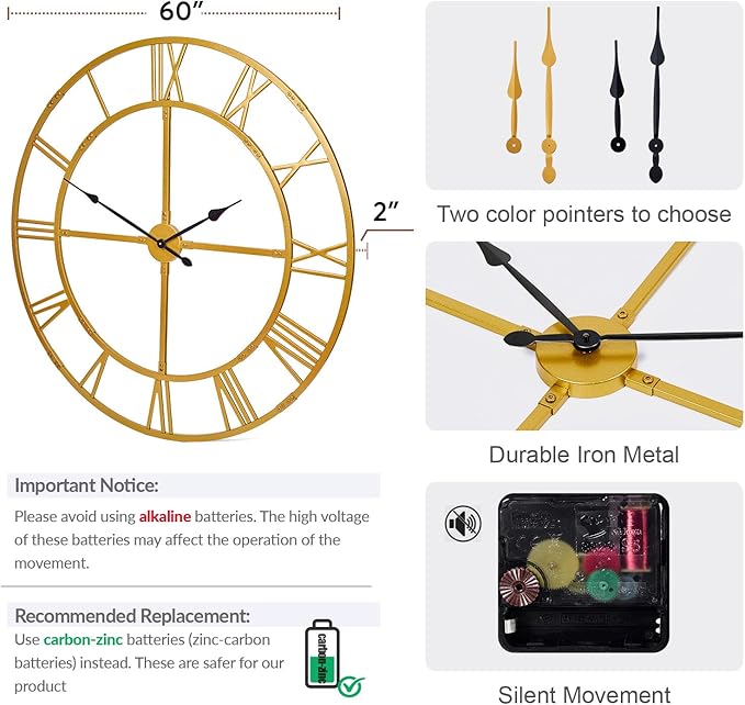 60 Inch Large Wall Clock for Living Room Decor – Easy-Assembly Silent - Image 2