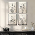 Framed Boho Vintage Botanical Wall Art, 4 Piece Black and White Floral Canvas by Cuspin