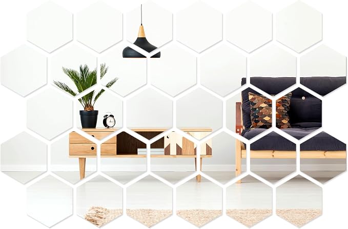 Shappy 32 Pcs Hexagon Mirror Wall Stickers Removable Silver Acrylic Mirror by Shappy
