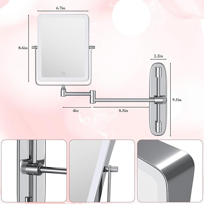 Wall Mounted Lighted Makeup Mirror, Rectangle Double Sided 1X/7X Magnifying - Image 6