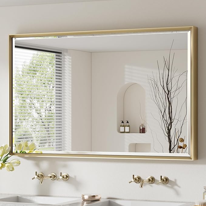 48 x 30 Gold Bathroom Mirror, Brushed Gold Beveled Bathroom Mirror, by QUEENFUN