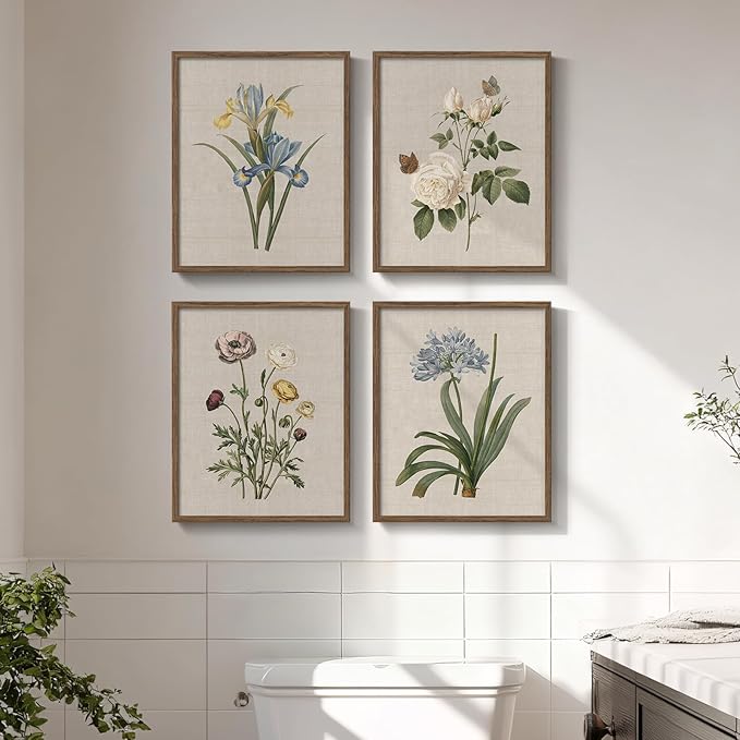 Framed Botanical Wall Art for Bathroom, 4 Piece Vintage Floral Canvas Painting by Cuspin